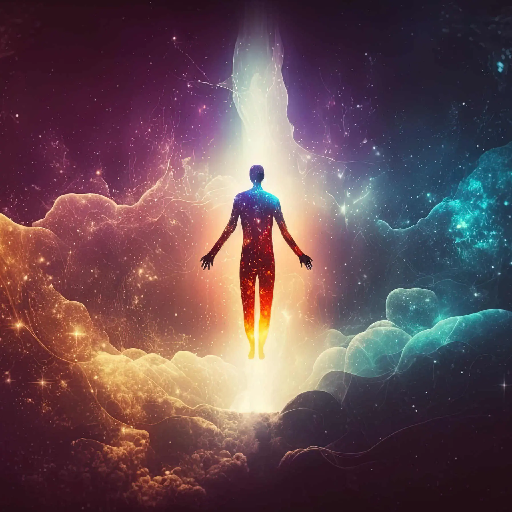 Human soul levitating in space background, astral body concept, esoteric, afterlife and connection with other worlds, spirituality, ascension. Generative AI.