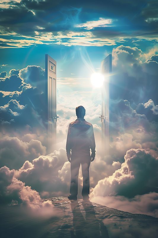 Ein Mann steht vor zwei offenen Türen im Himmel, symbolisch für die spirituelle Reise der Seelenliebe.