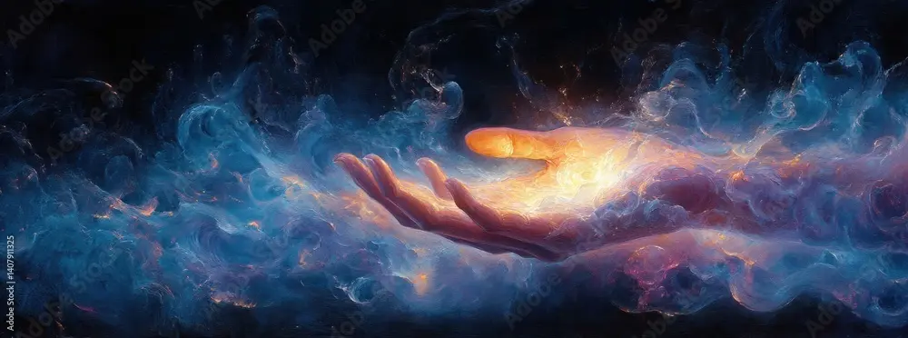 Eine leuchtende Hand schwebt in einem mystischen Nebel, symbolisiert spirituelle Kraft und Seelenliebe.