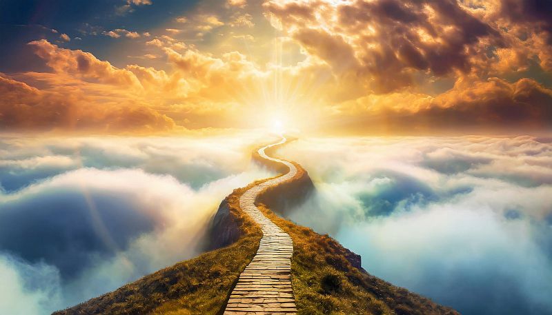 Concept of a path winding through the clouds, ending at a brilliant light in the distance. It symbolizes heaven, afterlife, a near-death experience, or simply the path to a goal and bright future