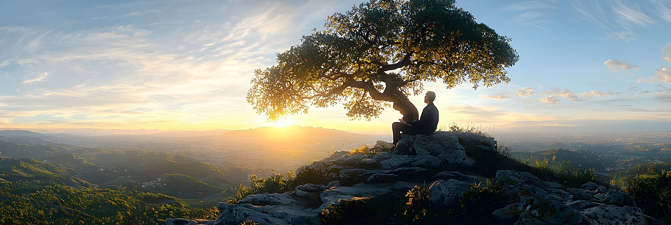 Eine Person sitzt meditativ unter einem Baum auf einem Felsen und genießt die spirituelle Aussicht bei Sonnenuntergang.