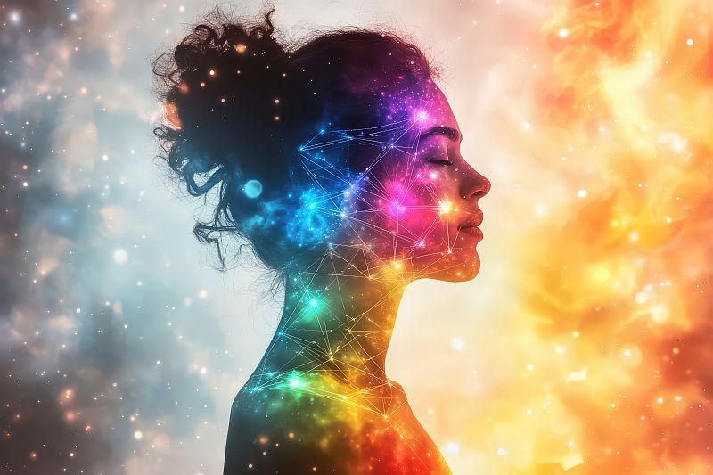Eine Frau mit geschlossenen Augen, umgeben von einem bunten, spirituellen Licht, symbolisiert Seelenliebe.