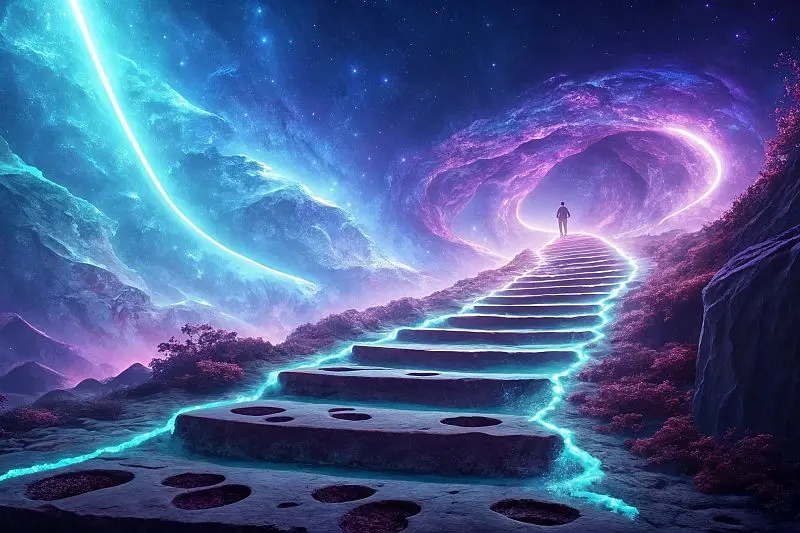 Ein Mensch schreitet eine leuchtende Treppe hinauf in eine mystische, spirituelle Szenerie voller Farben und Energie.