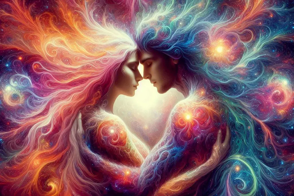 Ein spirituelles Paar umarmt sich innig, umgeben von bunten, leuchtenden Energien, die Seelenliebe symbolisieren.