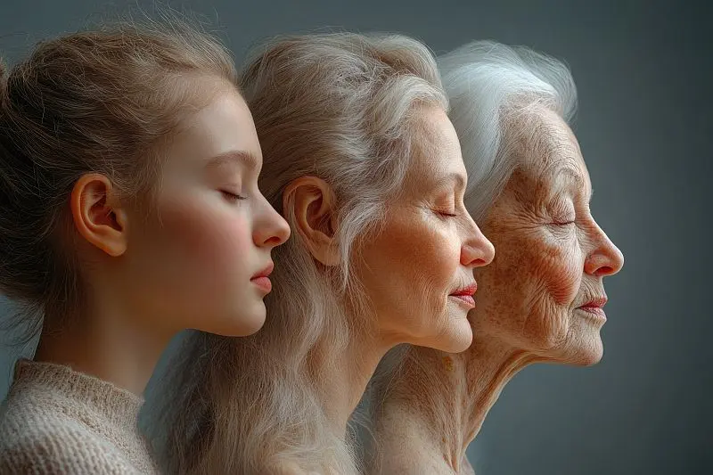 Drei Frauen in verschiedenen Lebensphasen mit geschlossenen Augen symbolisieren spirituelle Verbundenheit und Seelenliebe.