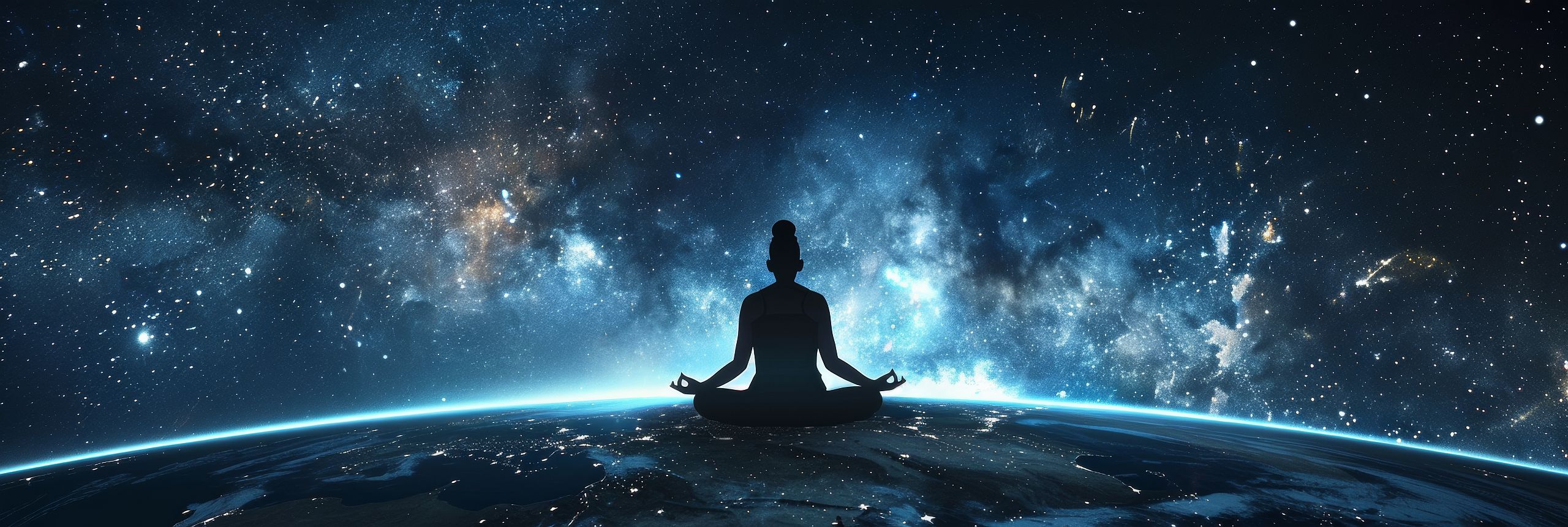 Eine Person meditiert im Lotussitz auf der Erde, umgeben von einem leuchtenden Nachthimmel voller Sterne, was Spirituelles symbolisiert.