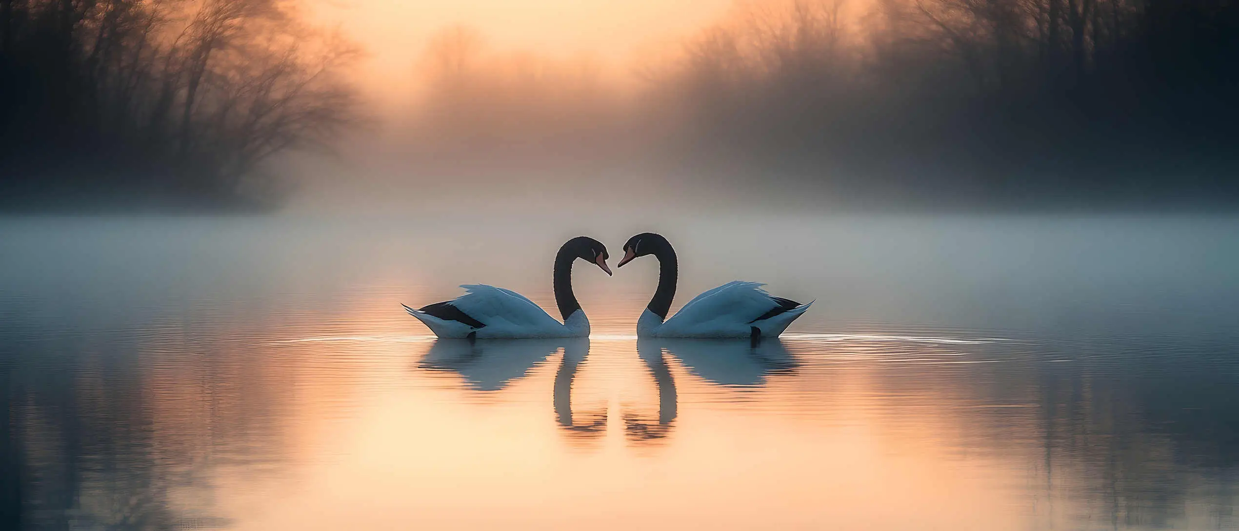 black and white swans creating heart shape at dawn on misty lake
